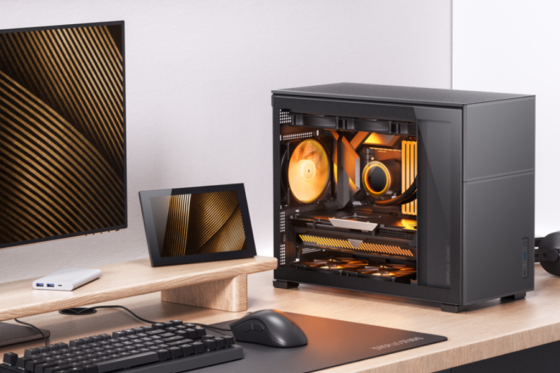 Computador gamer com iluminação em um ambiente moderno.