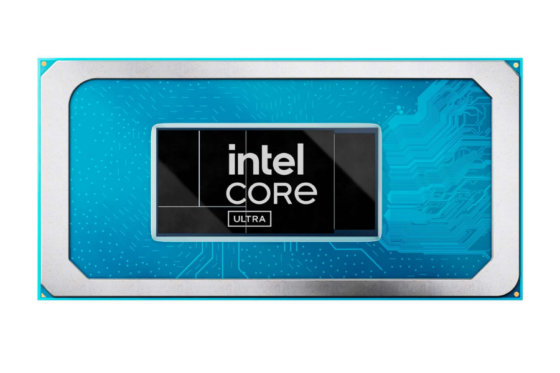 Foto do processador Intel Core Ultra em um fundo branco.